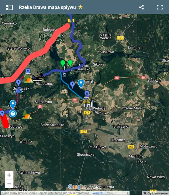 Mapa spływu kajakowego rzeki Drawy w google maps