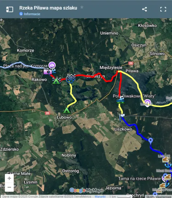 Mapa spływu kajakowego rzeki Piławy w google maps